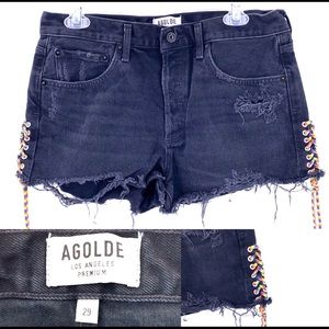 AGOLDE High Waist Black Jean Shorts Rainbow Detail